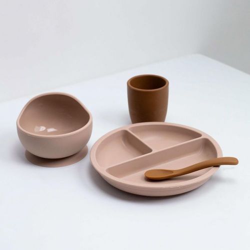 Coffret Repas Bébé 4 Pièces Silicone Sable Et Caramel