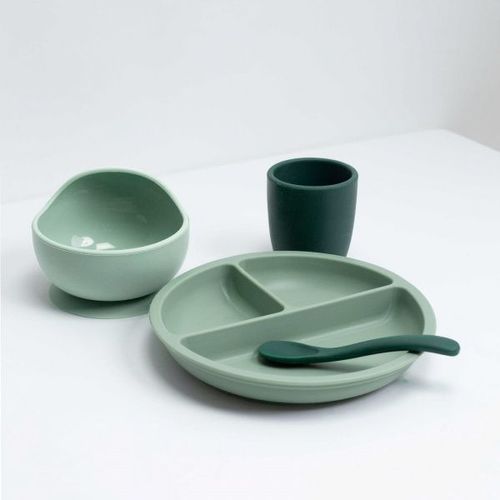 Coffret Repas Bébé 4 Pièces Silicone Vert Sauge Et Vert Sapin