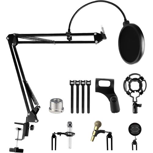 Bras Micro Réglable, Support de Microphone Noir avec Filtre Anti-Pop, Pince à Micro, 5 Attaches de Câble, Anti-choc, Perche Micro Suspension pour Studio, Diffusion, Enregistrement, Gaming