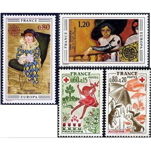 France 1975, Très Belle Paire Europa, Yvert 1840 Picasso - Arlequin Et 1841 Van Dongen - Femme À La Balustrade, Et Paire Croix Rouge, 1860 Le Printemps Et 1861 L'automne, Timbres Neufs** Luxe. -