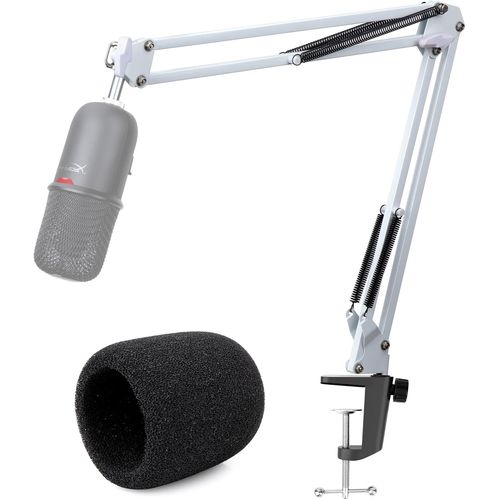 SoloCast Bras Micro Blanc, Pied de Micro pour HyperX SoloCast, Support Micro HyperX avec Bonnette en Mousse Anti-pop, Pince de Perche Micro HyperX SoloCast pour Studio Streaming, Gaming par
