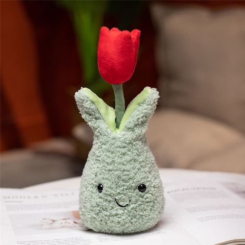 Jolie Fleur De Tulipe Souriante, Plante Verte En Pot, Ornements De Vase Pour La Maison, Jouet En Peluche, Poupée Tulipe---Rouge-22cm*8cm