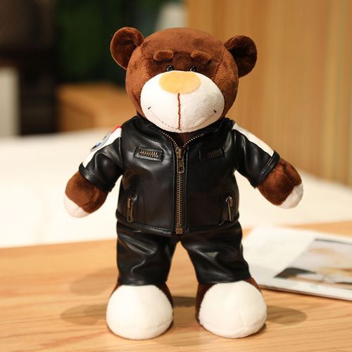 Casque Ours Poupée Moto Ours Peluche Poupée Moto Voiture Électrique Rallye Ours Queue Petit Ami Cadeau Veste En Cuir Noir Pour Poupée 30 Cm 0,22 Kg