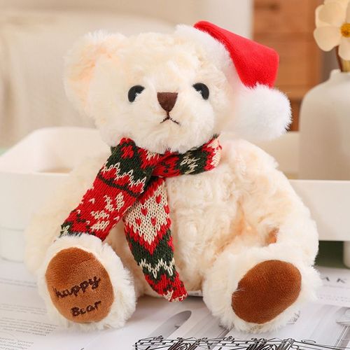 Peluche mignonne écharpe de Noël ours en peluche poupée cadeau de Noël temu peluche jouet Écharpe de Noël rouge ours beige - 20 cm (0,125 kg)