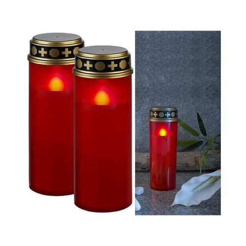 2 grandes lanternes funéraires avec effet flamme à piles - coloris rouge