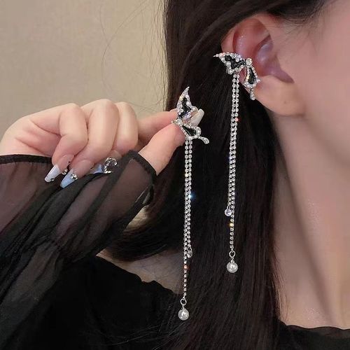 Zcompresses-Boucle D'oreille Papillon À Long Pompon Pour Femme, Perle Asymétrique Brillante, Mancommuniste D'oreille, Boucle D'oreille Piercing, Bijoux Fantaisie, Luxe, Bleu