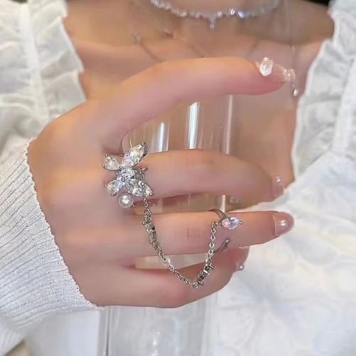 Bague En Chaîne De Cristal Vert En Métal Réglable Pour Femmes, Accessoire De Bijoux De Luxe Esthétique Vintage Egirl Pour Fête De Mariage