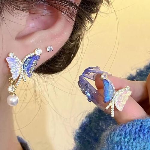 Boucles D'oreilles Papillon Violet Nickel É Pour Femmes, Bijoux En Métal, Pendentif Perle, Boucle D'oreille Douce, Fille Cool, Accessoires Asymétriques, Cadeau