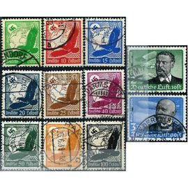 Allemagne 1934, Belle Série Complète De Poste Aérienne, Timbres Yvert 43 À 51 Aigle Devant Globe Terrestre Et Croix Gammée, 52 Otto Lilienthal Et 53 Comte Zeppelin, Cote 105 Euros, Oblitérés, Tbe -
