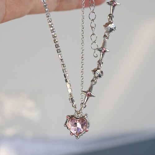 Y2k-Collier Pendentif Coeur En Cristal Rose Violet Pour Femme, Egirl Emo, Punk Grunge, Clavicule, Jofashion, Cadeaux De La Journée De Léon, Nouveau