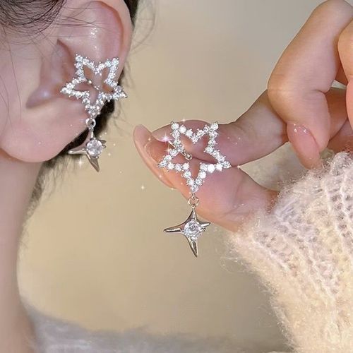 Réinitialisation De Boucles D'oreilles Étoiles En Biscuits Brillant Pour Femme, Clip D'oreille Femme, Pas De Piercing D'oreille, Mancommuniste D'oreille Tendance, Cadeau De Bijoux, Document Argenté, 2