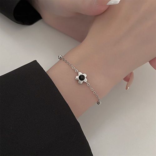 Bracelet À Cinq Pétales De Fleur En Cristal Noir Pour Femmes, Couleur Argent, Élégant, Bijoux De Fête De Mariage