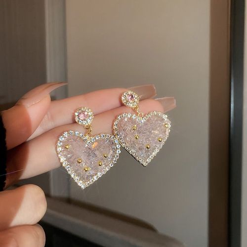Boucles D'oreilles En Cristal Rose Grand C¿Ur Pour Femmes, Pendentif En Strass, Bijoux De Fête, Cadeau, Nouvelle Collection