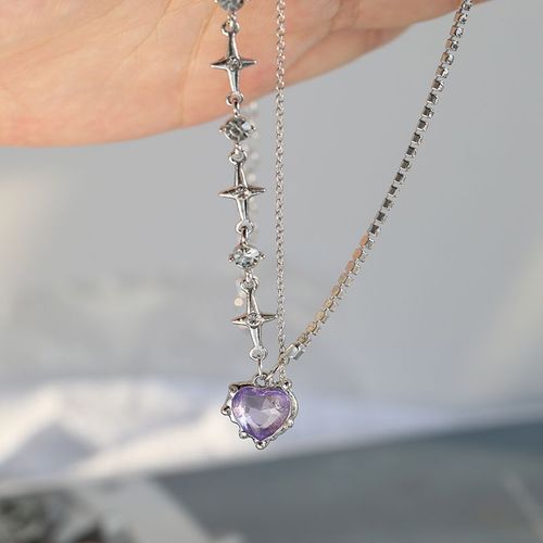Y2k-Collier Pendentif Coeur En Cristal Rose Violet Pour Femme, Egirl Emo, Punk Grunge, Clavicule, Jofashion, Cadeaux De La Journée De Léon, Nouveau