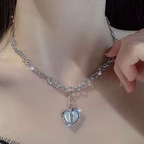 Y2k-Collier Pendentif Coeur En Cristal Rose Violet Pour Femme, Egirl Emo, Punk Grunge, Clavicule, Jofashion, Cadeaux De La Journée De Léon, Nouveau