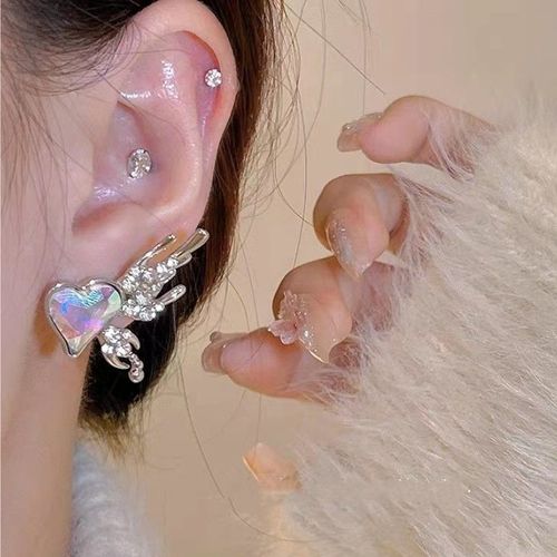 Boucles D'oreilles Ailes De C¿Ur Pour Femme Et Fille, Réinitialisation D'oreille, Strass, Ange, Elfe, Sans Piercing, Réglable, Bijoux À La Mode, Cadeau