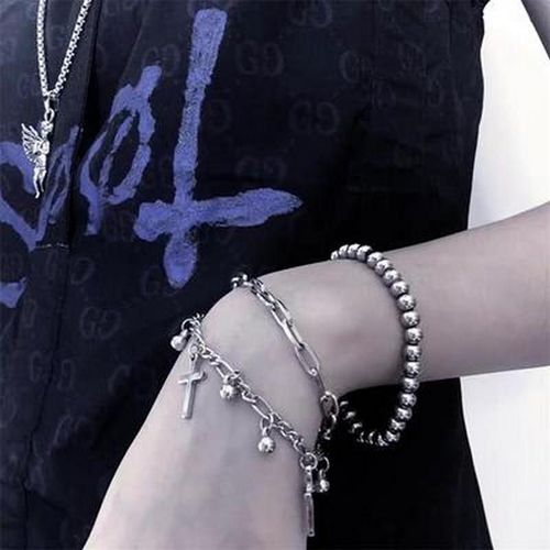 Bracelet Gothique Hip Hop En Métal Avec Pendentif En Croix Pour Femmes, 3 Couches De Perles, Chaîne À Maillons, Cadeau De Bijoux Cool