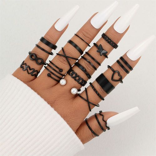 Ensemble De Bagues Vintage En Forme De C¿Ur Creux Pour Femmes, Bijoux Tendance, 22 Pièces, En Métal Noir, Croix Géométrique, Perle, 2023