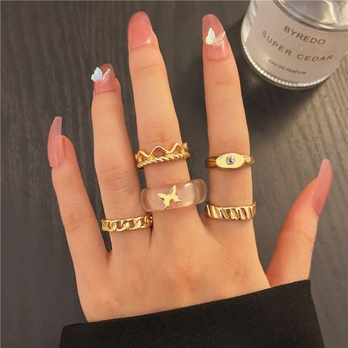 Ensemble De Bagues En Métal Pour Femmes, Style Moderne, Chaîne, C¿Ur, Serpent, Papillon, Perle Acrylique, Minimaliste, Bijoux Cadeaux, 2021