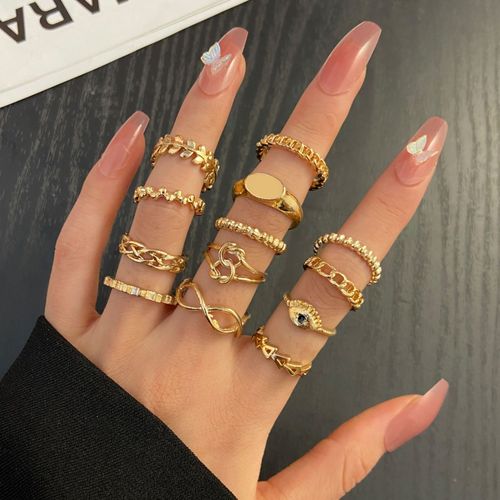 Ensemble De Bagues En Métal Pour Femmes, Style Moderne, Chaîne, C¿Ur, Serpent, Papillon, Perle Acrylique, Minimaliste, Bijoux Cadeaux, 2021