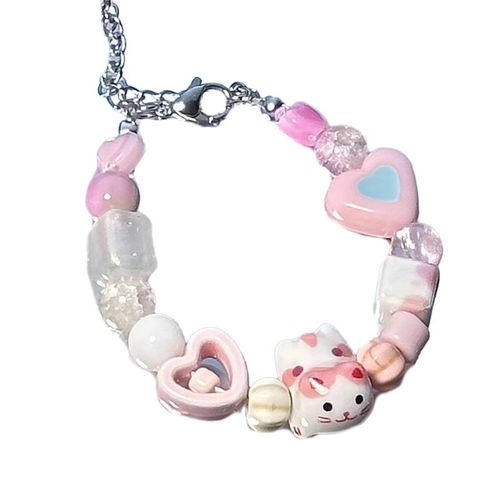 Bracelets De Perles De Dopamine De Couleur Bonbon Femmes Doux Dessin Animé Chat En Céramique Perle Bracelet Chaîne À La Main