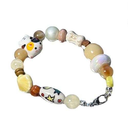 Bracelets De Perles De Dopamine De Couleur Bonbon Femmes Doux Dessin Animé Chat En Céramique Perle Bracelet Chaîne À La Main