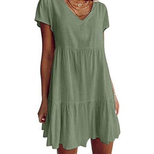 Mini Robe À Manches Courtes Pour Femmes, Sexy, Col En V, Balançoire, Tunique, Couleur Unie, Plissée, À Volants, Ourlet Fluide, Ligne A, Décontractée, Livraison Directe