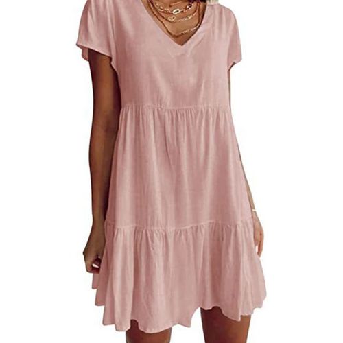 Mini Robe À Manches Courtes Pour Femmes, Sexy, Col En V, Balançoire, Tunique, Couleur Unie, Plissée, À Volants, Ourlet Fluide, Ligne A, Décontractée, Livraison Directe