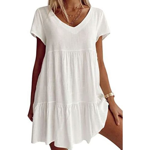 Mini Robe À Manches Courtes Pour Femmes, Sexy, Col En V, Balançoire, Tunique, Couleur Unie, Plissée, À Volants, Ourlet Fluide, Ligne A, Décontractée, Livraison Directe