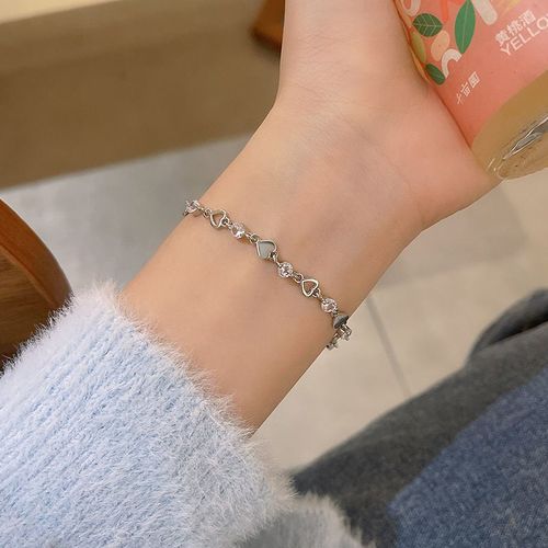 Bracelet En Forme De C¿Ur Pour Femmes, Couleur Argent, Cristal, Breloque Coréenne, Chaîne Élégante Ajustable, Accessoires Bijoux