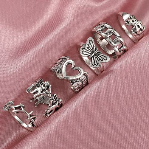 Ensemble De Bagues Vintage Pour Femmes, Anneau Plaqué Argent, Fleur, C¿Ur, Punk, Papillon, Esthétique Rétro, Mode, Ensemble De Bagues, Cadeau, Bijoux