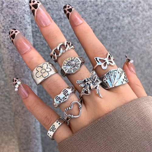 Ensemble De Bagues Vintage Pour Femmes, Anneau Plaqué Argent, Fleur, C¿Ur, Punk, Papillon, Esthétique Rétro, Mode, Ensemble De Bagues, Cadeau, Bijoux