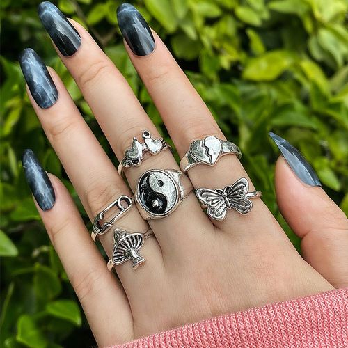 Ensemble De Bagues Vintage Pour Femmes, Anneau Plaqué Argent, Fleur, C¿Ur, Punk, Papillon, Esthétique Rétro, Mode, Ensemble De Bagues, Cadeau, Bijoux