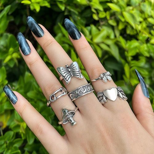 Ensemble De Bagues Vintage Pour Femmes, Anneau Plaqué Argent, Fleur, C¿Ur, Punk, Papillon, Esthétique Rétro, Mode, Ensemble De Bagues, Cadeau, Bijoux