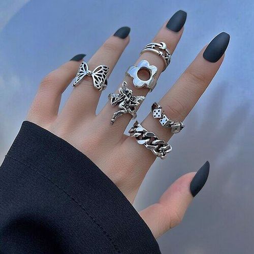 Ensemble De Bagues Vintage Pour Femmes, Anneau Plaqué Argent, Fleur, C¿Ur, Punk, Papillon, Esthétique Rétro, Mode, Ensemble De Bagues, Cadeau, Bijoux