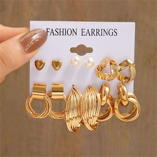 Ensemble De Boucles D'oreilles Créoles Torsadées Perle Pour Femmes, Boucles D'oreilles Pendantes Coeur Et Papillon En Métal, Bijoux Géométriques À La Mode, Document Doré, Carillon