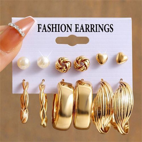 Ensemble De Boucles D'oreilles Créoles Torsadées Perle Pour Femmes, Boucles D'oreilles Pendantes Coeur Et Papillon En Métal, Bijoux Géométriques À La Mode, Document Doré, Carillon