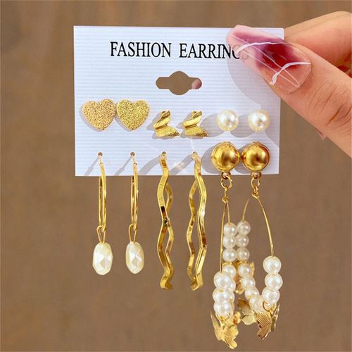 Ensemble De Boucles D'oreilles Créoles Torsadées Perle Pour Femmes, Boucles D'oreilles Pendantes Coeur Et Papillon En Métal, Bijoux Géométriques À La Mode, Document Doré, Carillon
