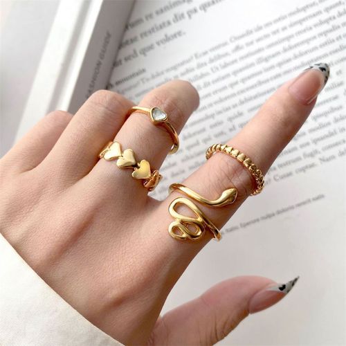 Ensemble De Bagues Serpent En Cristal Vert Pour Femmes, Plaqué Or, Vintage, Géométrique, Luxe, Métal Rétro, Bijoux Cadeau, 6 Pièces