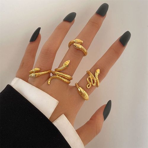 Ensemble De Bagues Serpent En Cristal Vert Pour Femmes, Plaqué Or, Vintage, Géométrique, Luxe, Métal Rétro, Bijoux Cadeau, 6 Pièces