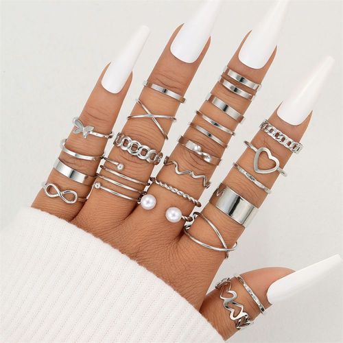 Ensemble De Bagues Vintage En Forme De C¿Ur Creux Pour Femmes, Bijoux Tendance, 22 Pièces, En Métal Noir, Croix Géométrique, Perle, 2023