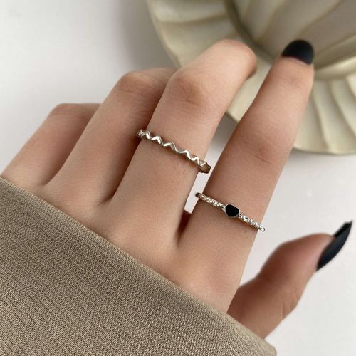 Ensemble De Bagues Ouvertes En Cristal Pour Femmes, 2 Pièces, C¿Ur Noir, Couleur Argent, Papillon Torsadé, Simple, Ajustable, Bijoux Tendance, Cadeau