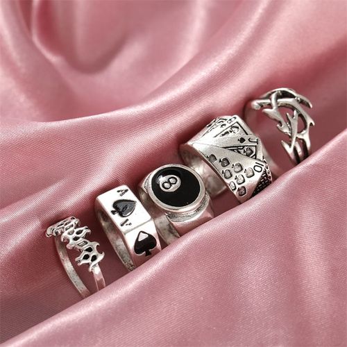 Ensembles De Bagues Serpent Punk Pour Femmes, Vintage, Plaqué Argent, Ensemble De Bagues, Dés Noirs, Rétro, Strass, Breloque Doigt Gothique, Bijoux Papillon