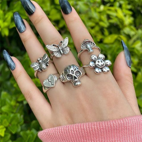 Ensembles De Bagues Serpent Punk Pour Femmes, Vintage, Plaqué Argent, Ensemble De Bagues, Dés Noirs, Rétro, Strass, Breloque Doigt Gothique, Bijoux Papillon