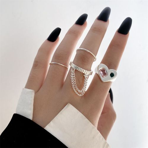 Ensemble De Bagues Punk En Forme De C¿Ur Pour Femmes, Plaqué Argent, Zircon Géométrique, Chaîne Kpop, Cadeau Tendance, Bijoux Gothiques