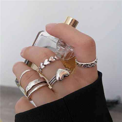 Ensemble De Bagues Punk En Forme De C¿Ur Pour Femmes, Plaqué Argent, Zircon Géométrique, Chaîne Kpop, Cadeau Tendance, Bijoux Gothiques
