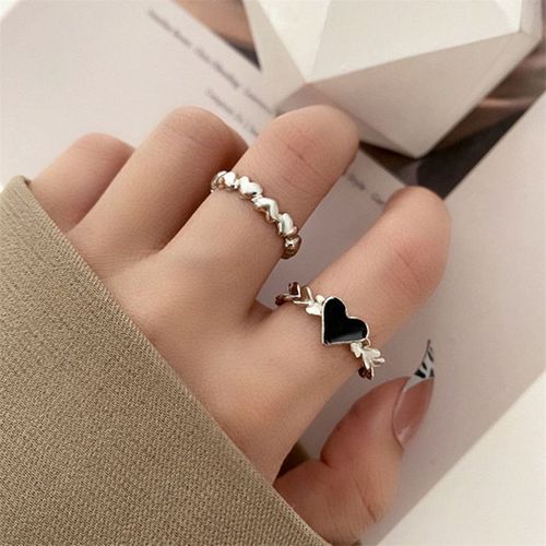 Ensemble De Bagues Ouvertes En Cristal Pour Femmes, 2 Pièces, C¿Ur Noir, Couleur Argent, Papillon Torsadé, Simple, Ajustable, Bijoux Tendance, Cadeau