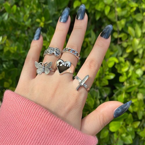 Ensemble De Bagues Punk Gothique En Forme De C¿Ur Pour Femmes, Bijoux De Doigt, Dés Noirs, Vintage, En Argent, Rétro, Strass