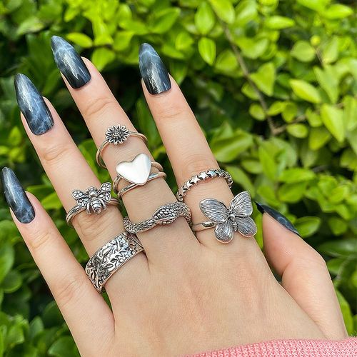 Ensemble De Bagues Punk Gothique En Forme De C¿Ur Pour Femmes, Bijoux De Doigt, Dés Noirs, Vintage, En Argent, Rétro, Strass