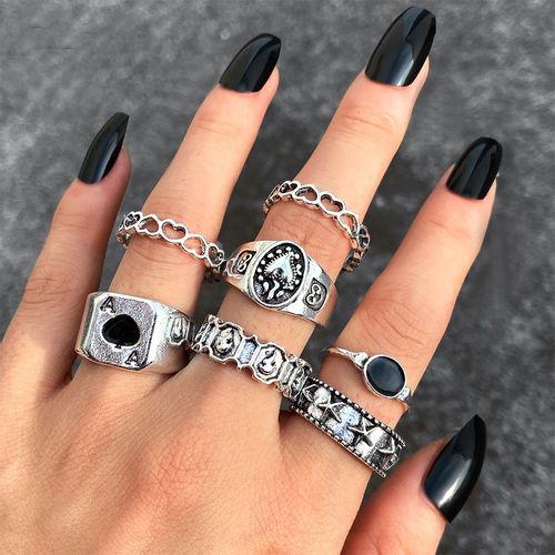 Ensemble De Bagues Punk Gothique En Forme De C¿Ur Pour Femmes, Bijoux De Doigt, Dés Noirs, Vintage, En Argent, Rétro, Strass